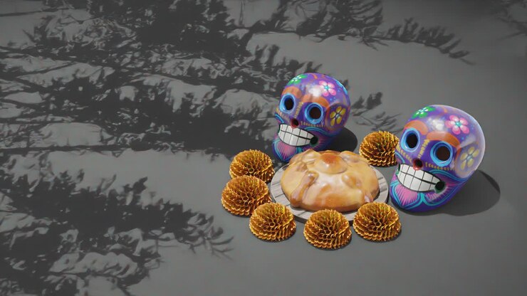 Day of The Dead Festival, Dia de Muertos , Design Mockup, Mexico, Skulls, Traditional Floral and Pastry, Grey Background