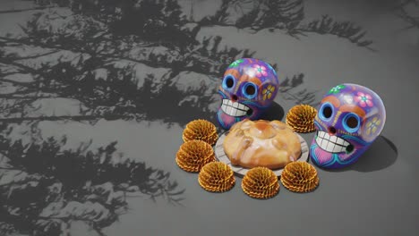 Tag-Der-Toten,-Dia-De-Muertos,-Design-Attrappe,-Mexiko,-Totenköpfe,-Traditionelle-Blumen-Und-Gebäck,-Grauer-Hintergrund