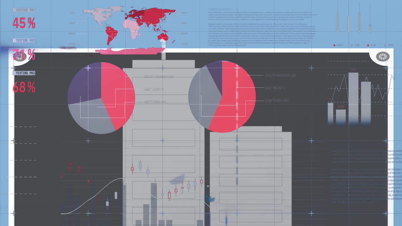Displaying financial data, animation with charts, graphs, and global map on screen