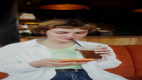 mujer en un café usando su teléfono inteligente y bebiendo café helado