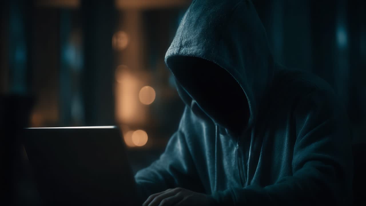 Una figura misteriosa con una felpa con cappuccio impegnata in intensa attività al computer tra l'illuminazione ambientale soffusa e un accenno di atmosfera di suspense