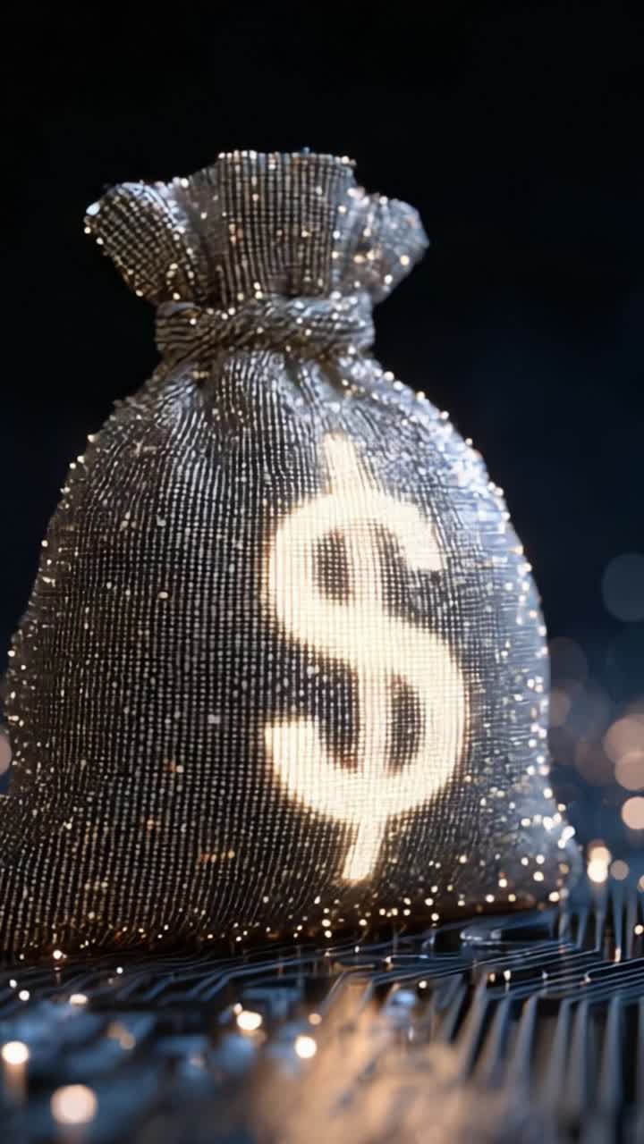 Uno sguardo visivamente sorprendente a un simbolo transazionale: questa elegante borsa di denaro con il simbolo del dollaro illumina il concetto di ricchezza e prosperità in un ambiente moderno e scintillante.