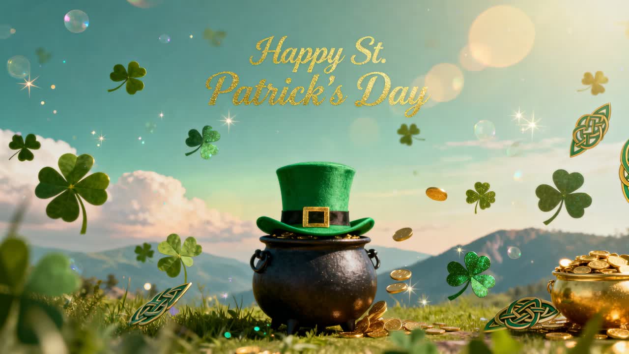 Sparkling black cauldron on hillside wearing leprechaun-hat causing gold coins to arc into gold pot
