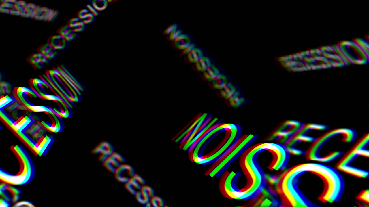 RECESSION Fly Through 3D Text Keyword Animation. Abstract Concept with Black Background. RGB Chromatic Aberration