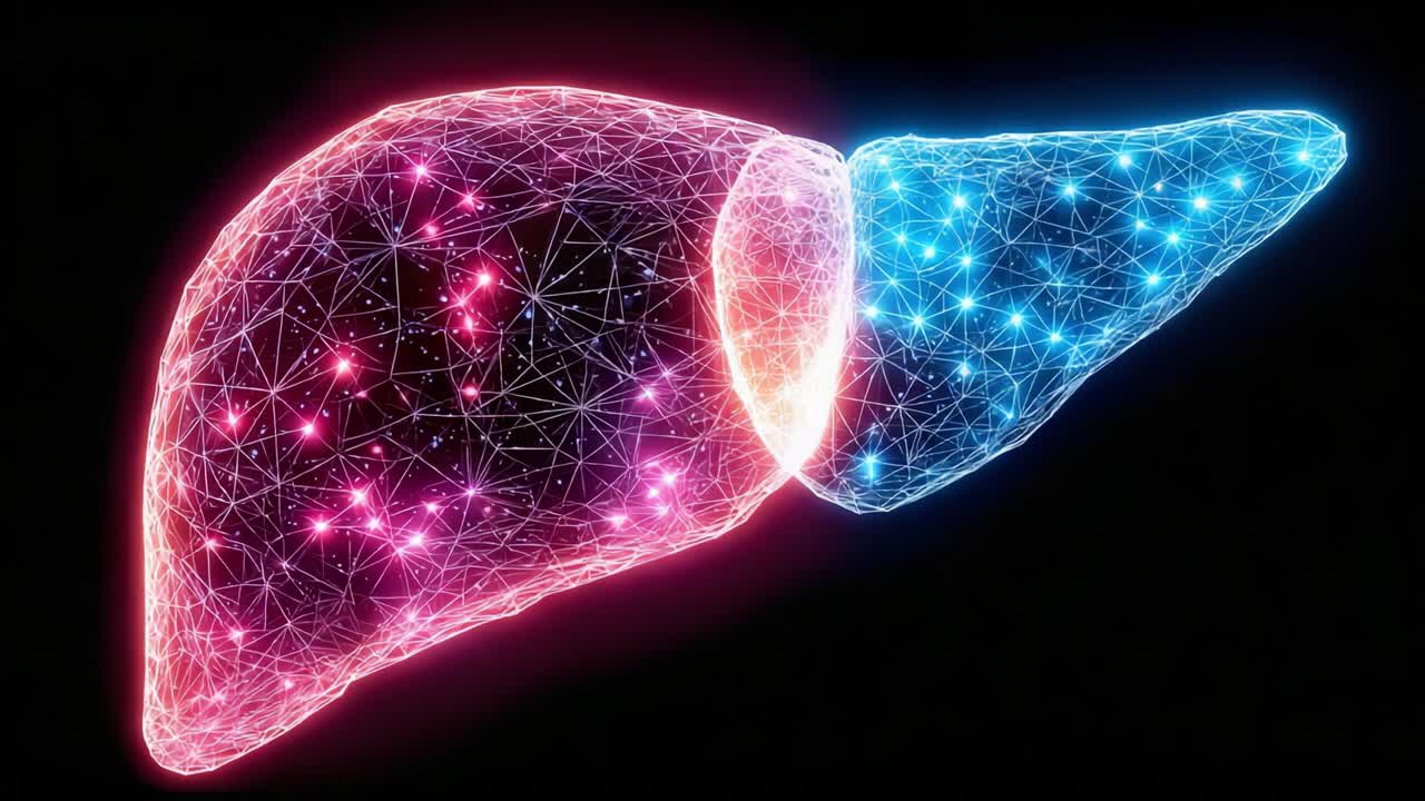A Stunning Visual Representation of a Human Liver, Featuring a Futuristic Design with Intricate Networking Illuminations in Vibrant Colors and Unique Textures