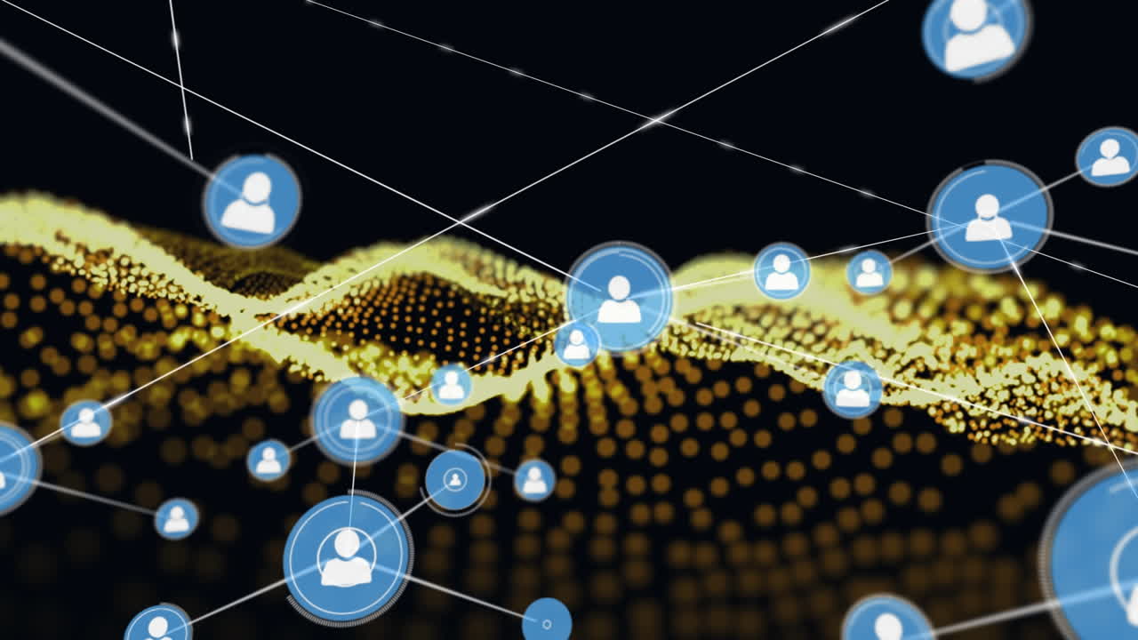 animación de la red de conexiones con iconos digitales sobre malla amarilla