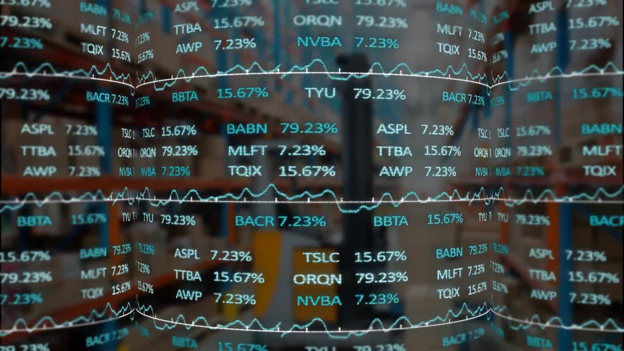 Animation of stock market processing against forklift in warehouse