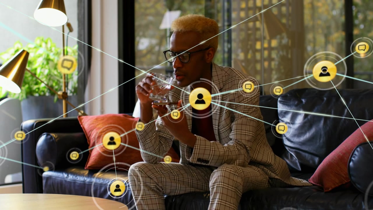 Animation of network of connections over african american man using smartphone