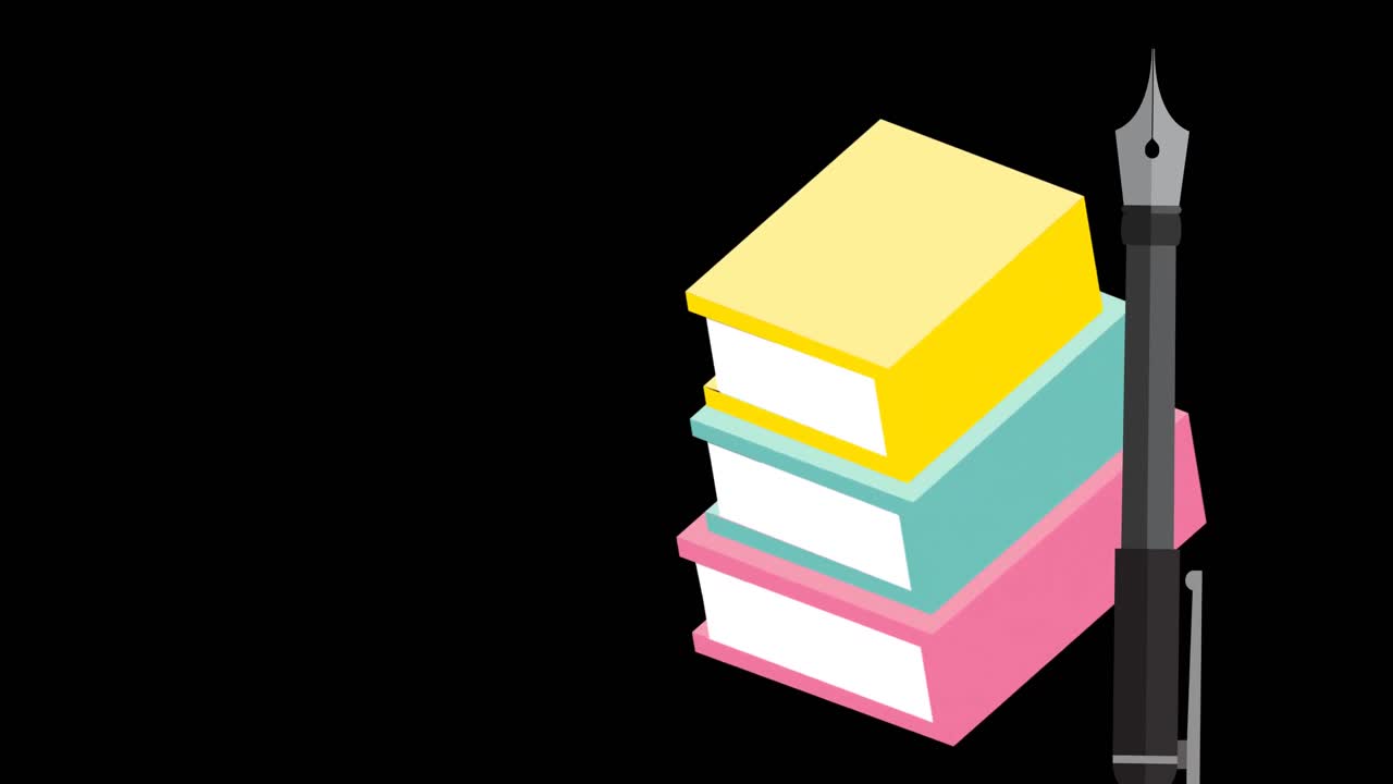 Animation of books and pen on black background