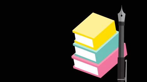animación de libros y bolígrafo sobre fondo negro