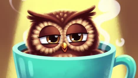 cute animated owl relaxing in a cozy cup of hot beverage, emitting steam and displaying a sleepy expression, perfect for a whimsical and playful illustration