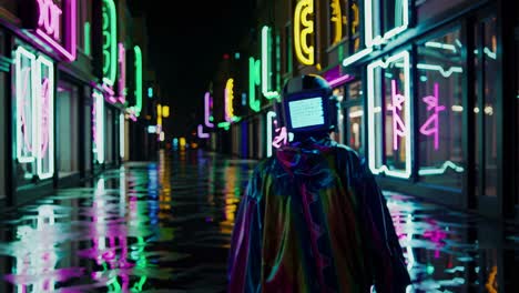 cyberpunk person walking in neon city at night