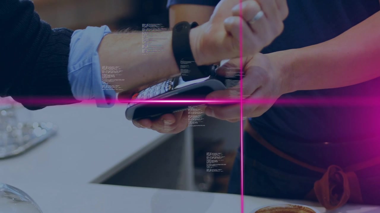 Barista holding POS while customer tapping watch, magenta overlay sweeping, paying, placing cup