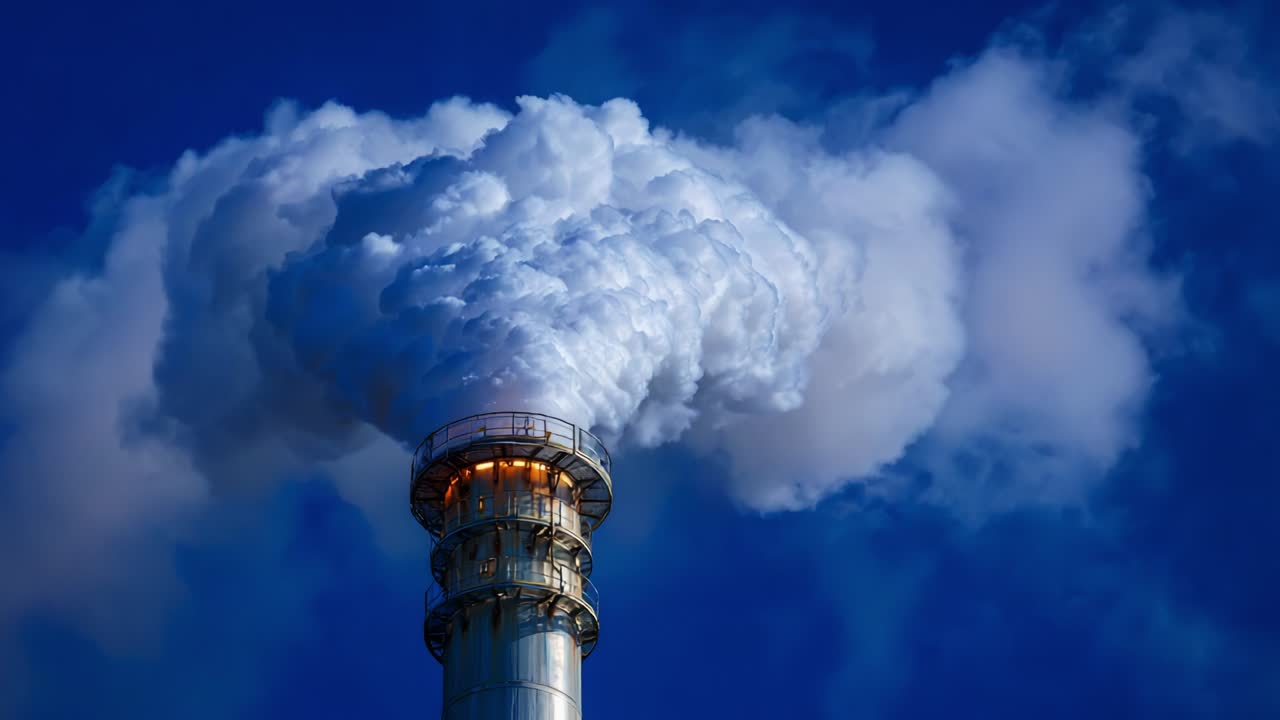 Industrial smokestack emitting smoke against a blue sky