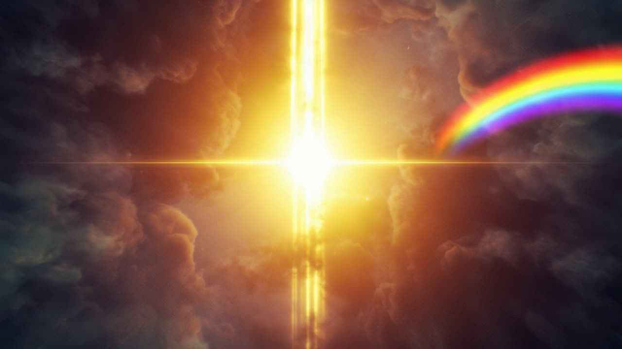 A Spectacular Radiant Light Breaking Through Clouds, Highlighting a Vibrant Rainbow in the Celestial Sky, Evoking a Sense of Wonder and Tranquility
