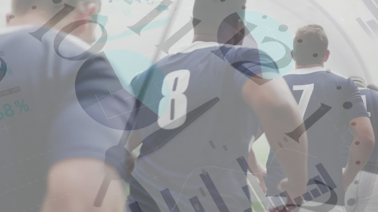 경기장에서 뛰고 있는 다민족 남성 럭비 팀을 가로지르는 그래프와 함께 시계의 애니메이션