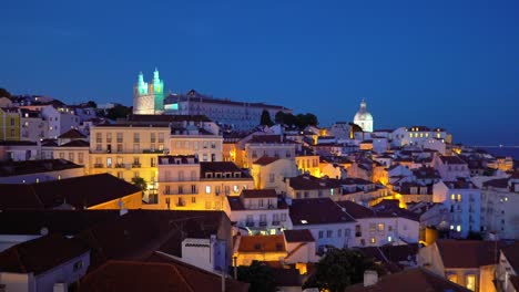 lisbon, portugal, the beautiful lit up historical city centre, igreja de são vicente de fora catholic church and national pantheon during blue hour