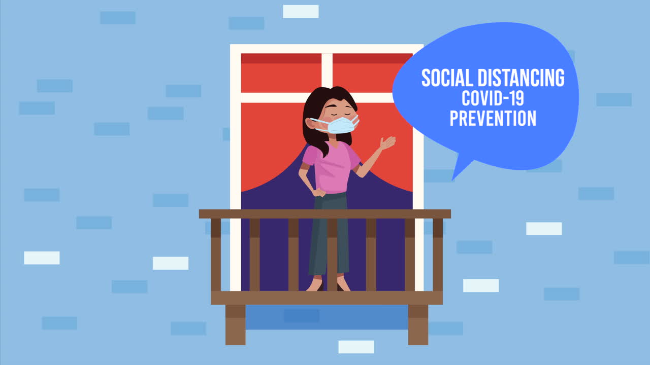 woman with social distancing covid19 prevention message in apartment window