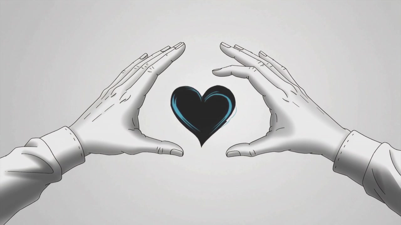 Manos que se acercan desde los lados, con puños cerrándose, acunando un corazón negro con ribete verde azulado en un estudio.