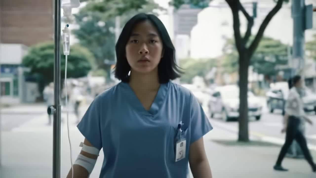 A healthcare professional appears deep in thought as she walks through a bustling city street, embodying the blend of compassion and resilience in the medical field