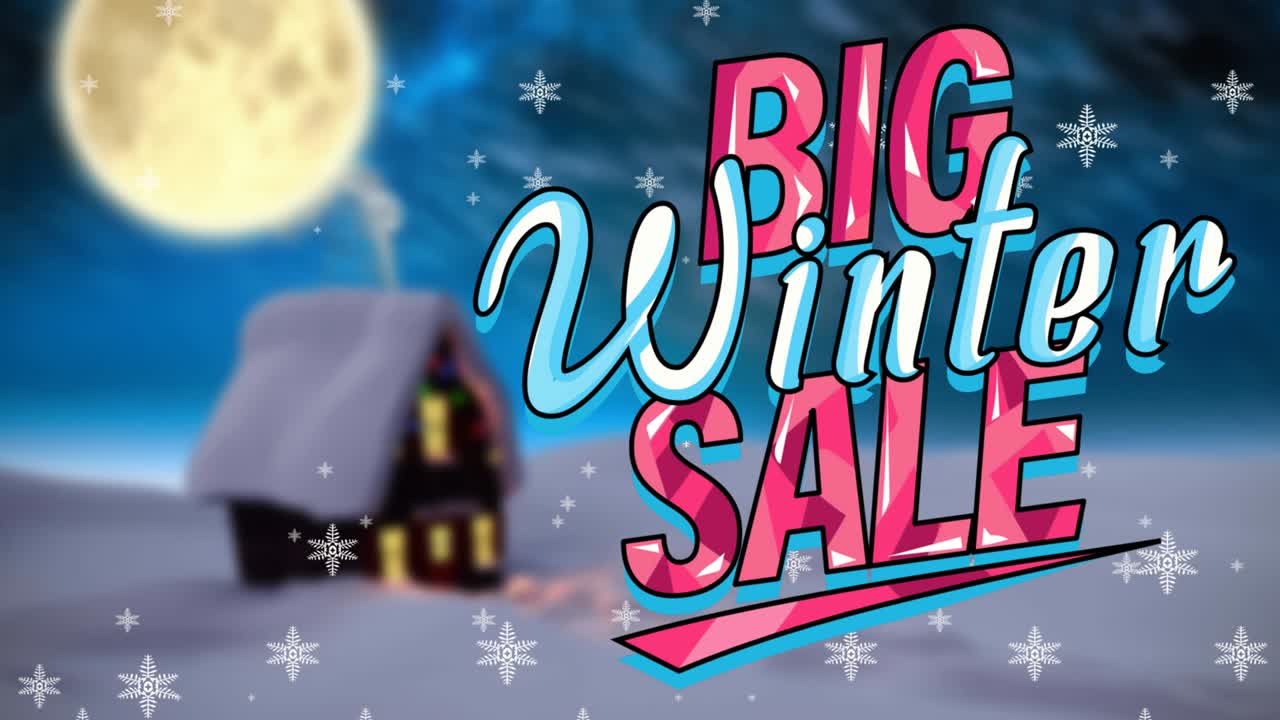 animación del texto de la gran venta de invierno sobre el paisaje de invierno