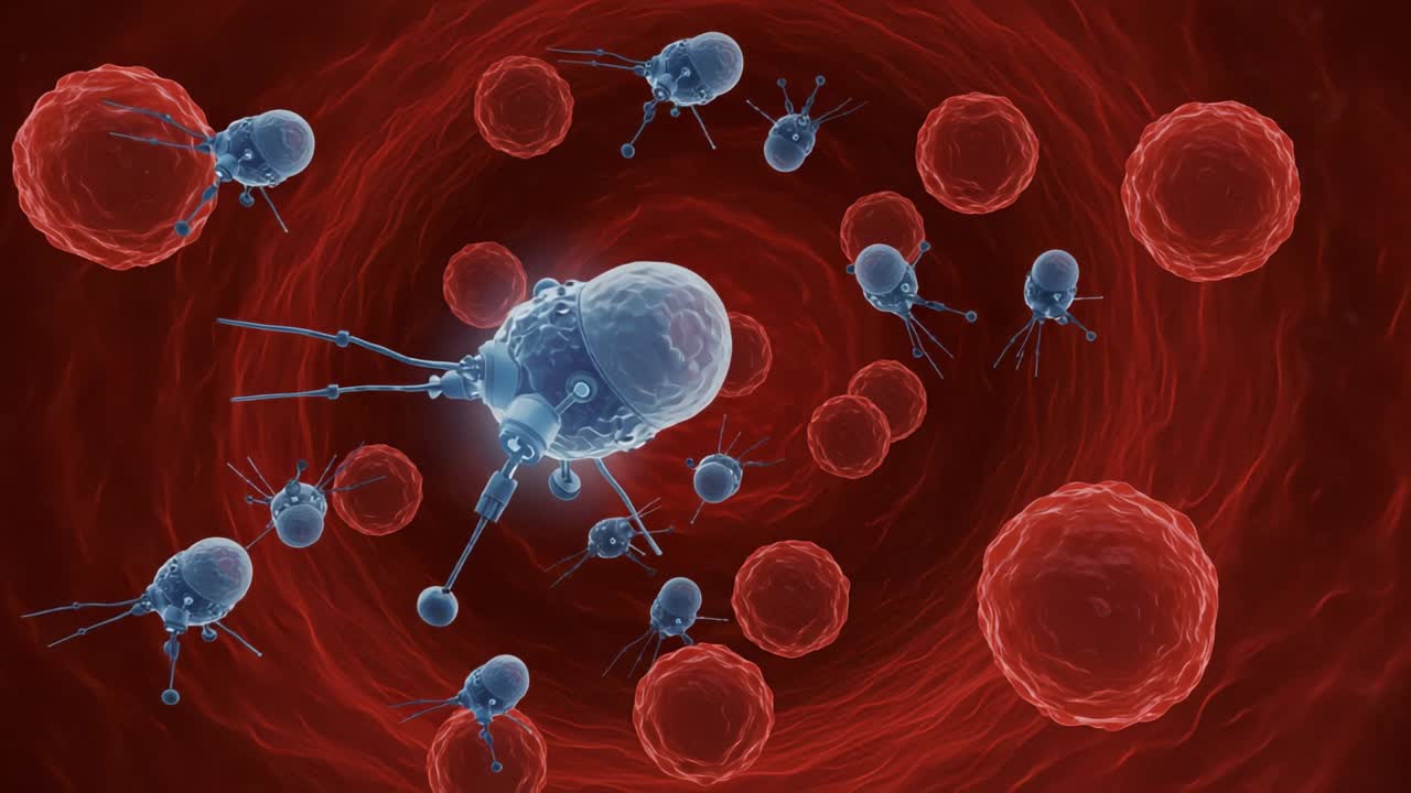 Intricate Cellular Landscape: A Detailed Visualization of Microorganisms Interacting with Red Blood Cells in a Vibrant Microscopic Environment