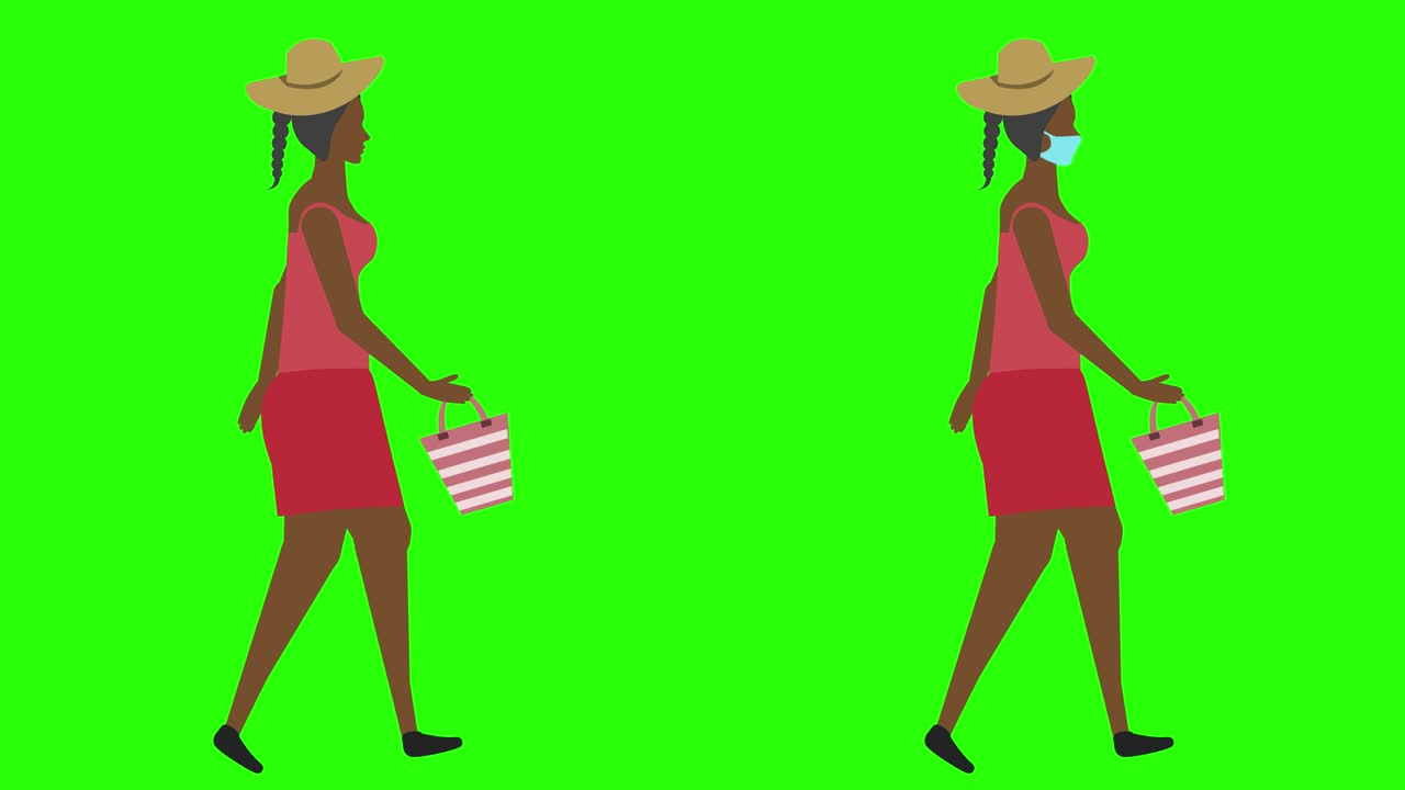 Women walking cycle seamless loop , face mask version, green screen chroma key animation, flat design