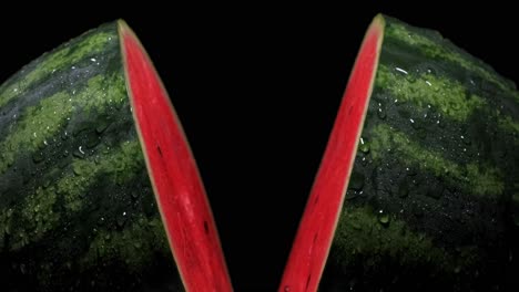 watermelon splitting in half on a black screen