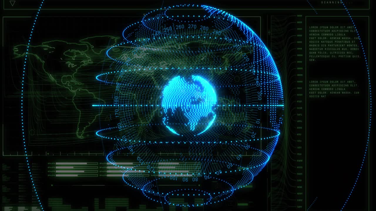 Wireframe appearing filling into globe spinning data rings rotating continents for monitoring