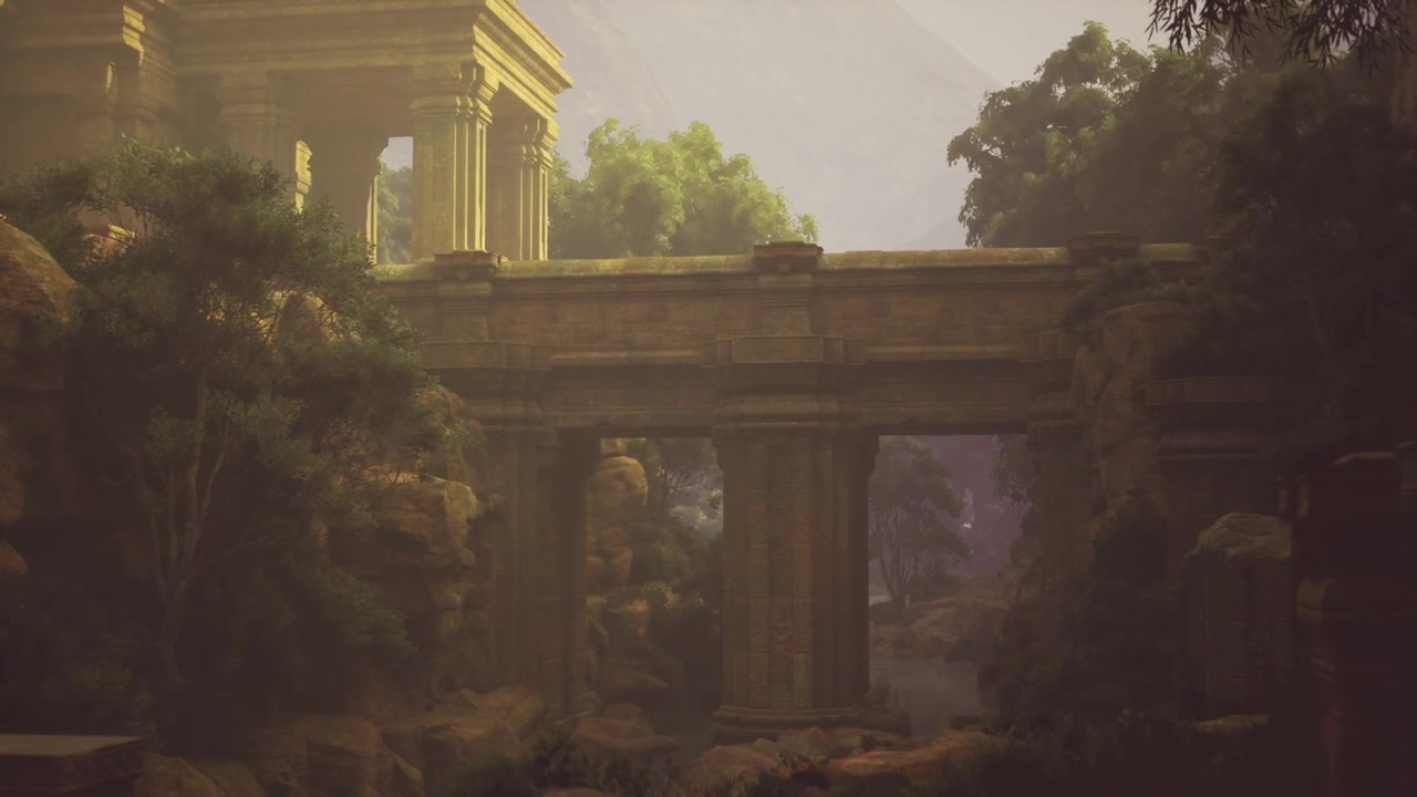 Scenario serale mistico con un tempio antico e un'atmosfera ombrosa.