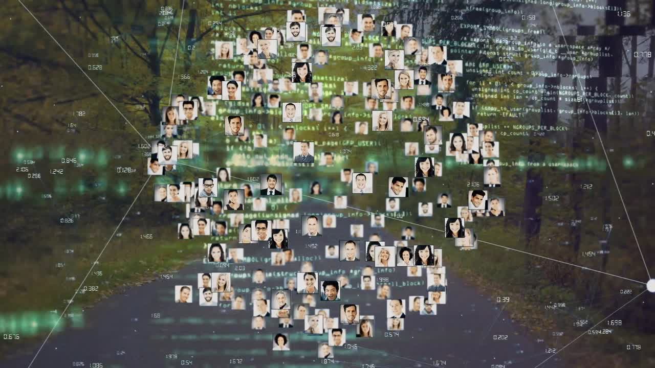 Animation of network of connections with pictures of people over data processing