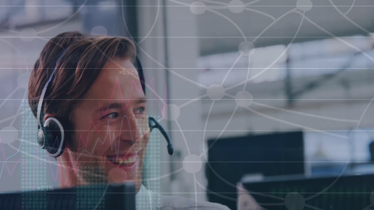 Animation of connections over happy caucasian call center worker
