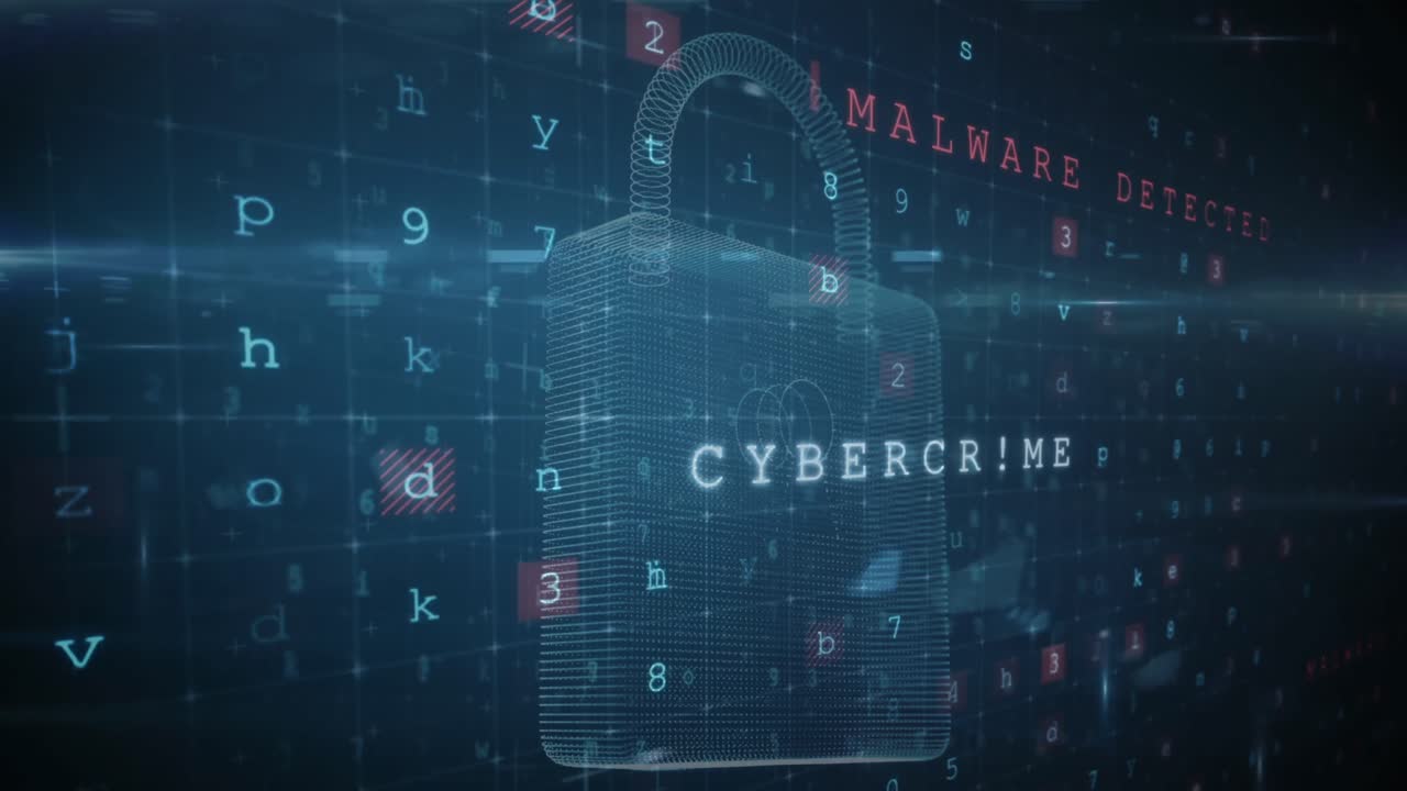 Animation of digital interface with security padlock over dark background