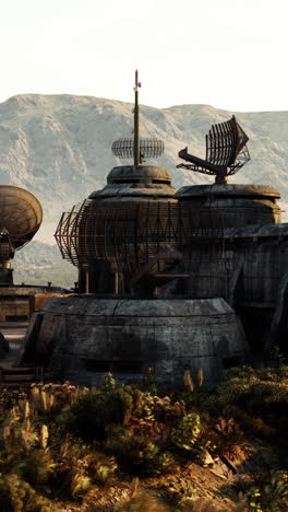 futuristic abandoned military base with radar dishes in the desert