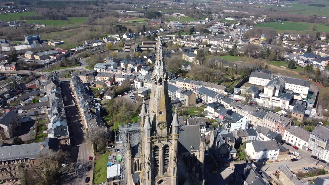 Aerial View of a European Town with a Church