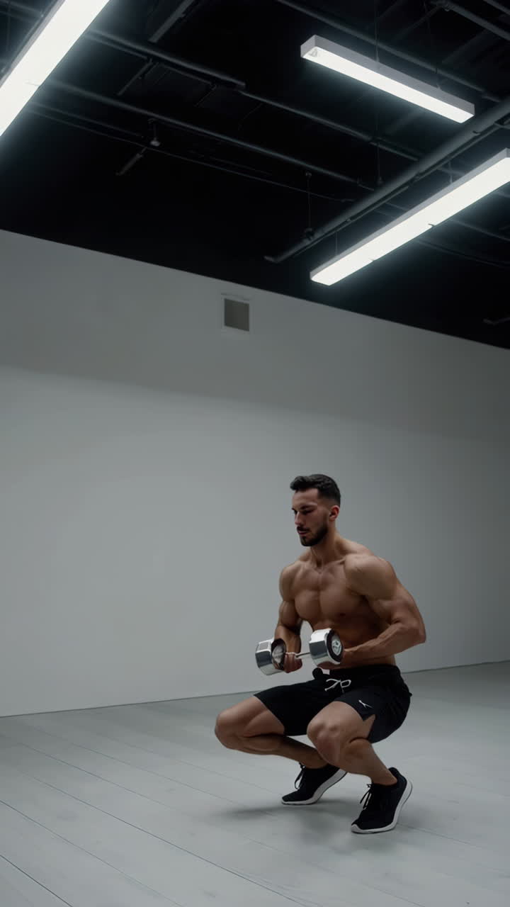 Uomo che fa squat con manubri in palestra
