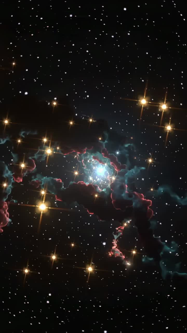 Vertical video: Advancing camera revealing central star, spiraling cyan pink nebula in deep space