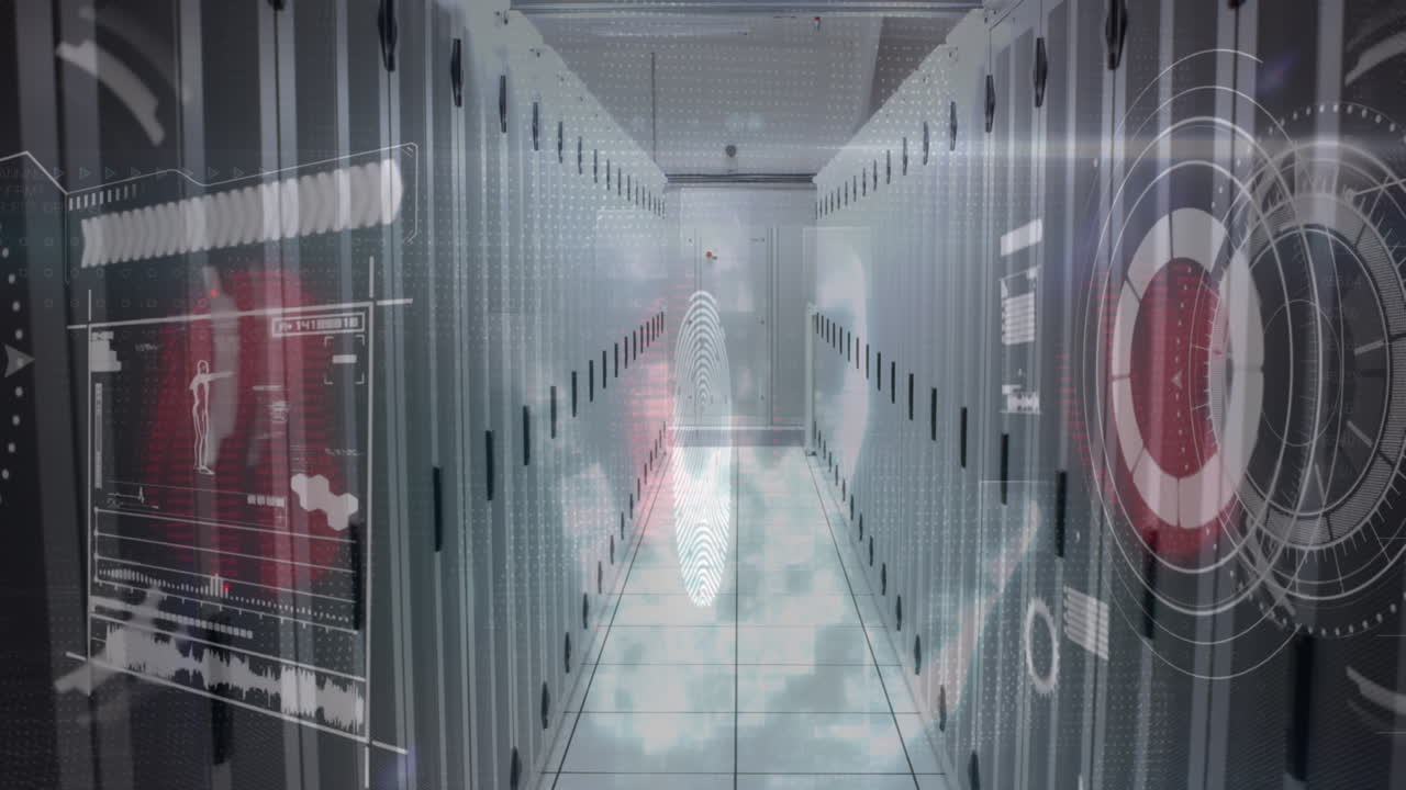 animación del procesamiento de datos a través de huellas dactilares y servidores informáticos