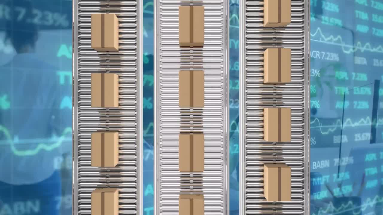 animación de cajas en cinta transportadora sobre el mercado de valores y la gente de negocios