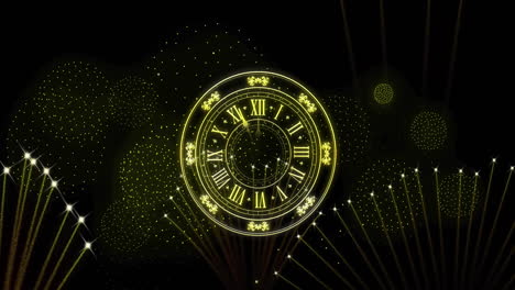 animación de un reloj que muestra la medianoche y fuegos artificiales explotando sobre un fondo negro