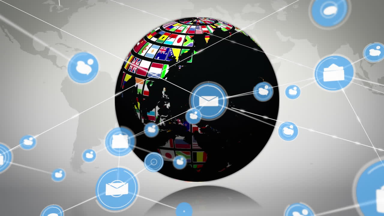 연결된 음성 버블과 메시지 아이콘과 국가 발이 있는 지구의 애니메이션