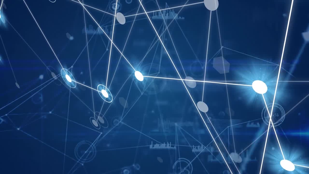 animación de la red de conexiones con puntos brillantes y procesamiento de datos sobre fondo negro