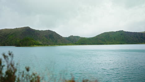 static wide shot of volcanic lake in the azores, portugal