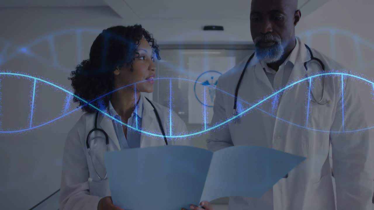 Doctors walking ward holding file and scrolling tablet as DNA hologram forming analyzing data