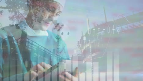 animación del procesamiento de datos financieros sobre una doctora caucásica que usa una tableta.