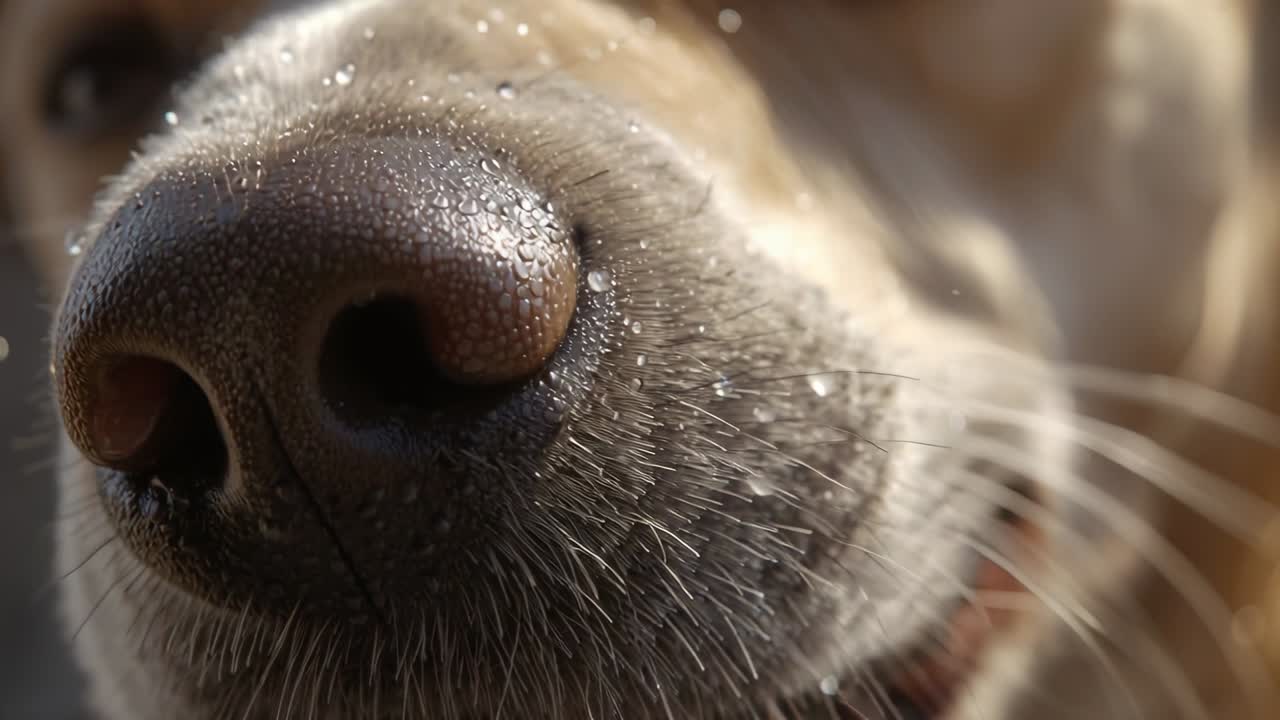 明るい日差しの中、濡れた鼻とひげを持つ犬の鼻先がカメラに迫り、匂いを嗅いでいるクローズアップ。
