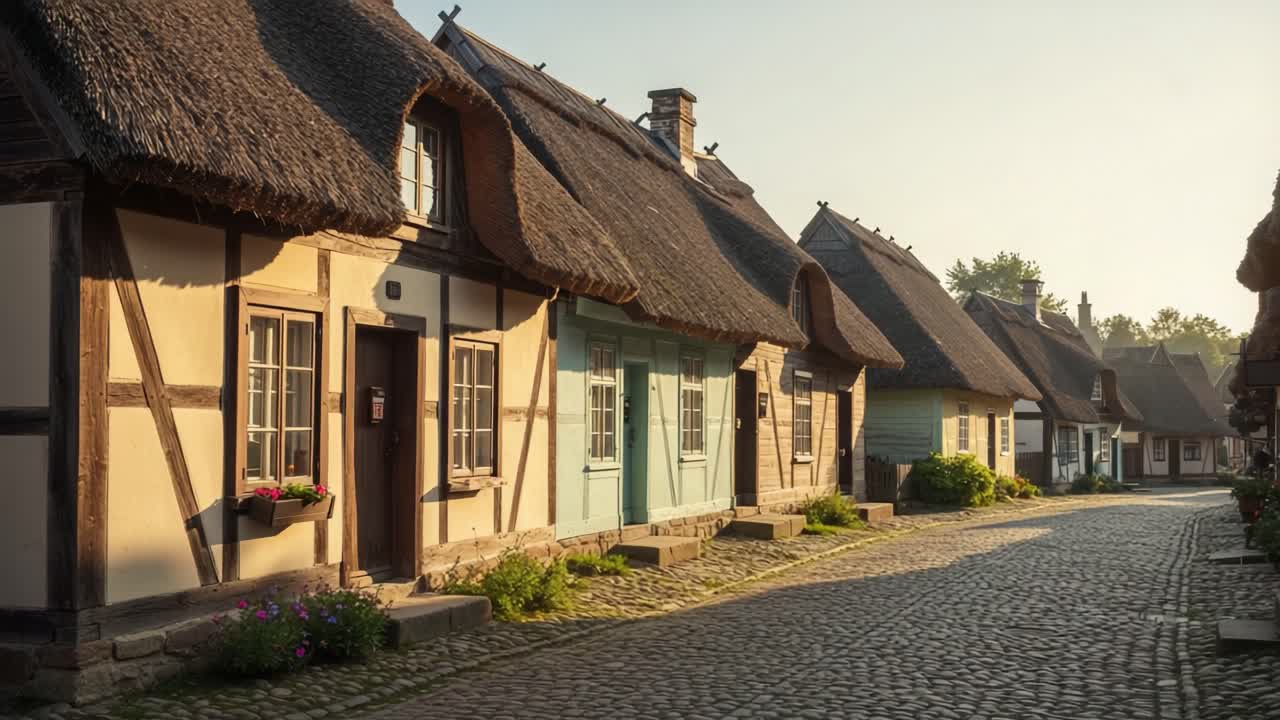Charming Historical Village Street at Dawn with Traditional Thatched Roof Houses and Cobbled Pathways in a Serene Rural Setting