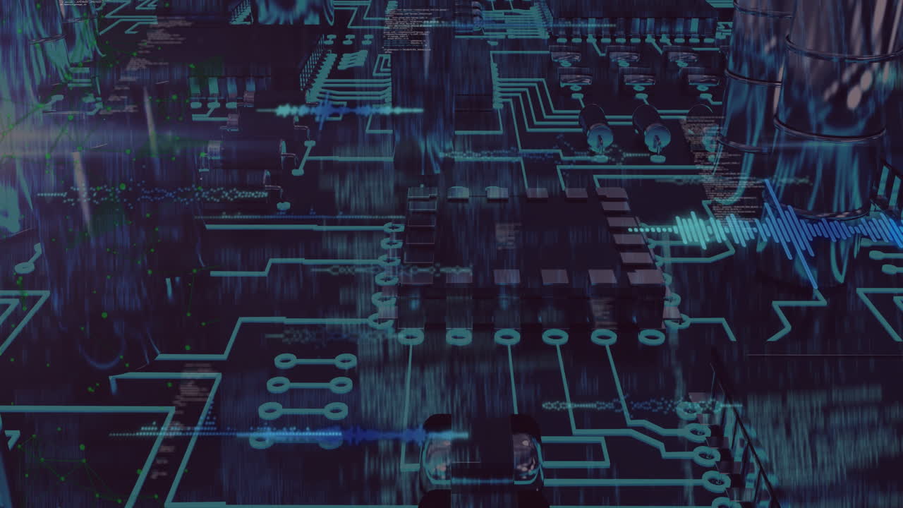 Designing circuit board with digital data processing animation overlay in progress