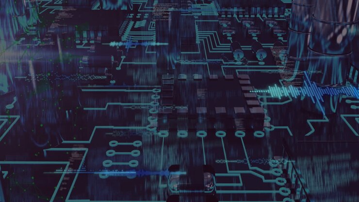Designing circuit board with digital data processing animation overlay in progress