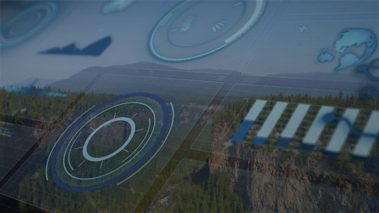 animación de escaneo de alcance y mapas estadísticos sobre bosques y montañas